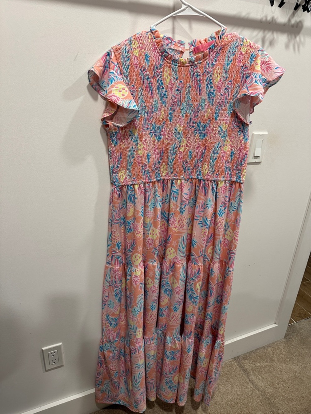 Simply Southern Pink Floral Smocked Maxi Dress with Blue & Yellow Accents